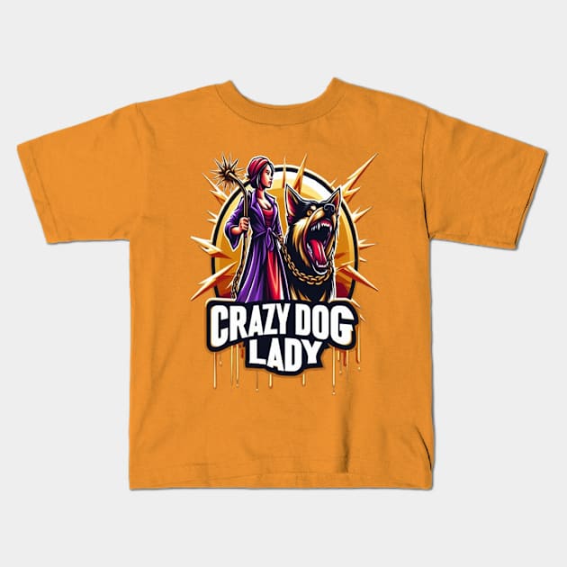 Crazy Dog Lady Emblem Featuring a Fierce Woman and Her Guard Dog Kids T-Shirt by coollooks